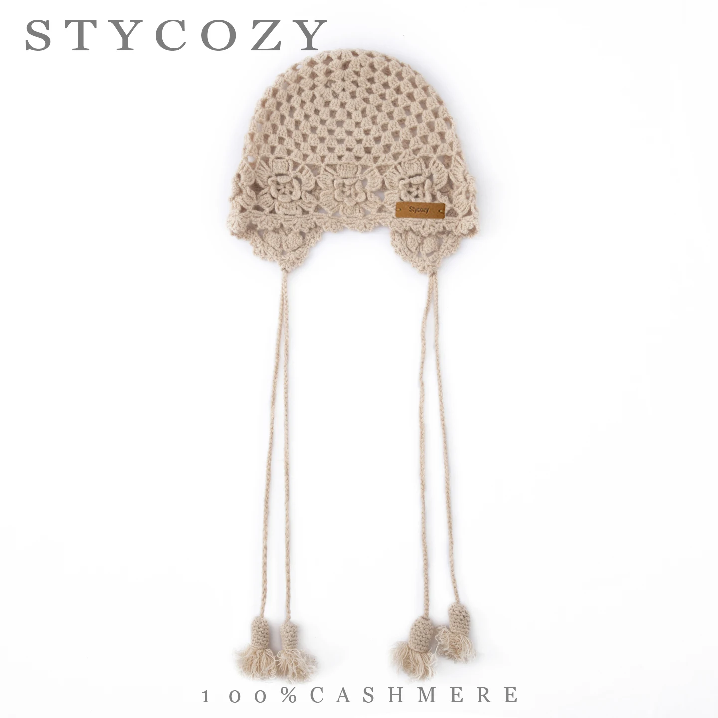 100%Cashmere Crochet Women Earflap Beanie Bohemian Floral Hollow Out Knitted Hat with Tassel Ties Lightweight Winter Headwear