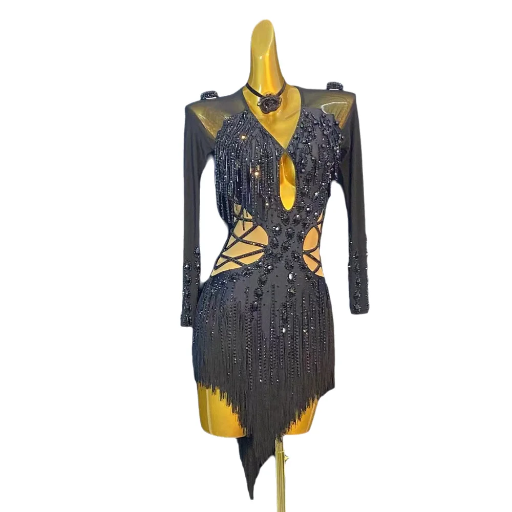 라틴 댄스 성인 어린이 드레스 AB 스톤 하이엔드 맞춤형 블랙 차차 탱고 아이스 스케이팅 의상 여성 의류