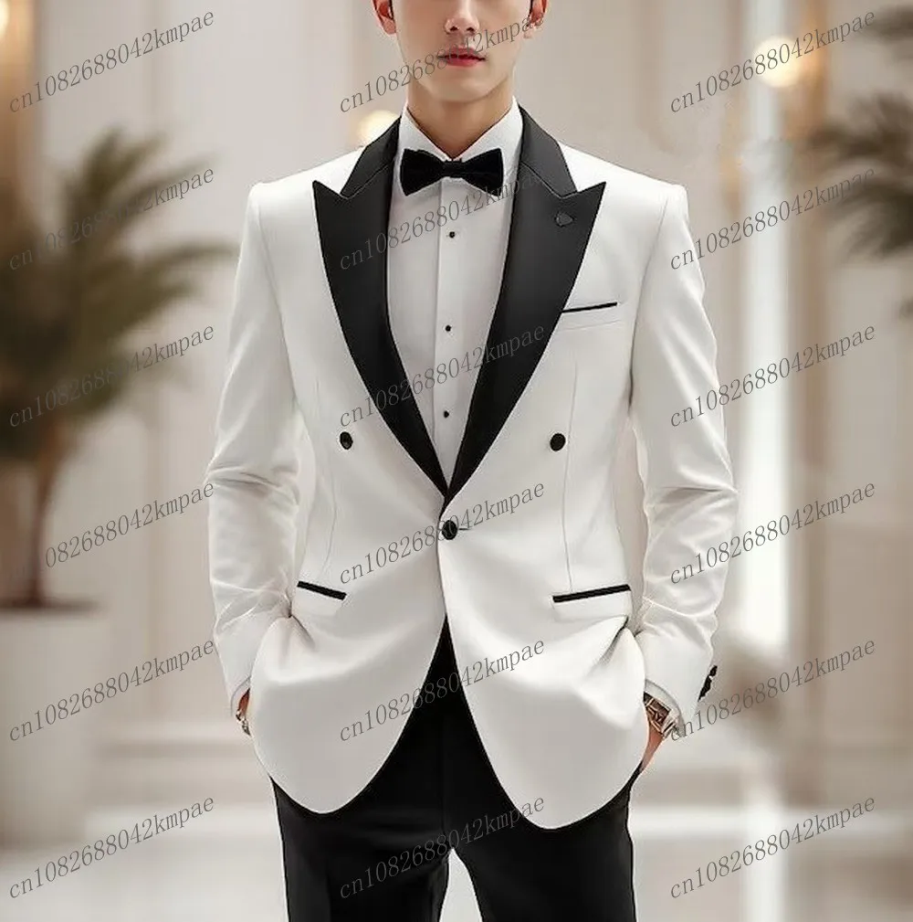 

New White And Black Men Suit Formal Occasion Groom Groomsman Wedding Party Prom Male Business Tuxedos 2 Piece Blazer Pants