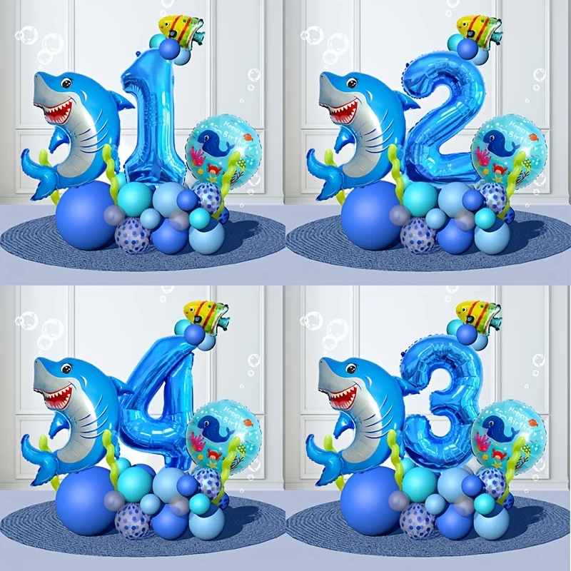Conjunto de 36 Balões Digitais em Forma de Tubarão Azul para Decoração de Festa de Aniversário com Tema de Animais Marinhos
