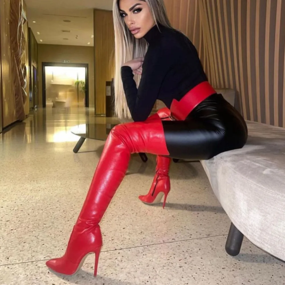 2024 Boots For Women Pointed Toe High Heels Shoes Over Knee Boots Zipper Sexy Ladies Red Black Thigh Boots