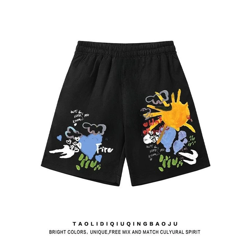 

American Street Graffiti Pure Cotton Men's Print Casual Short Men's and Women's Summer College Style Loose Sweatpants