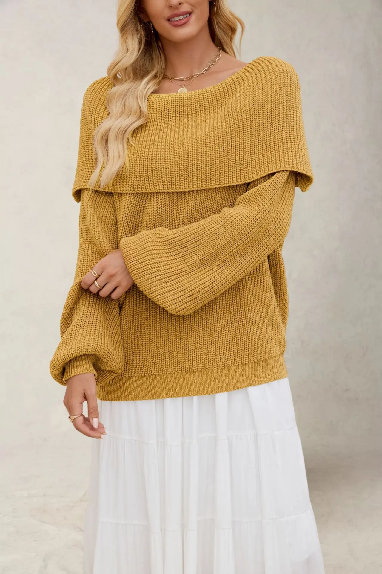 

Casual Knitted Pullover Loose One-length Neck Lantern Sleeve Solid Color Sweater For Women Autumn Winter Fashion New Top