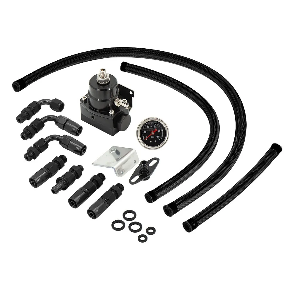 Universal Adjustable Fuel Pressure 40-70PSI Regulator with Pressure Gauge Braided Hose AN6 Connector Black Kit