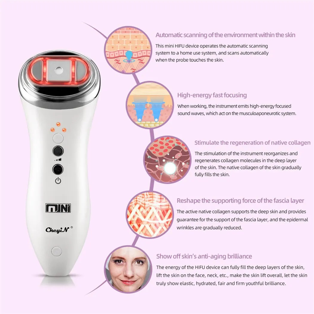 Mini HIFU ultra-som vibração rosto pele aperto máquina, portátil RF rosto levantamento dispositivo, anti-envelhecimento facial Toning dispositivo