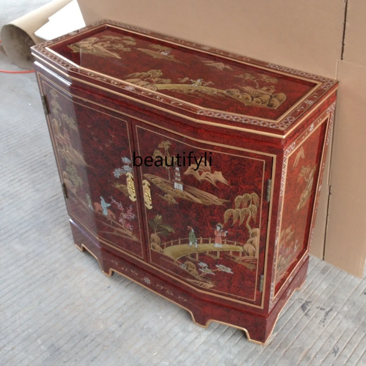 Red two-door cabinet entrance painted furniture hand-painted landscape entrance   entrance hall decorative cabinet