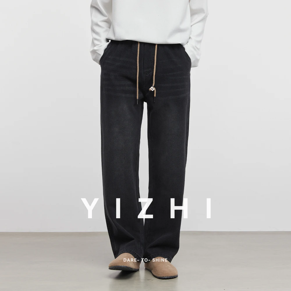 2025 Spring and Autumn New Men's Tight Waist Black Jeans Fashion Retro Drawstring High Street Casual Mopping Pants Men's Jeans