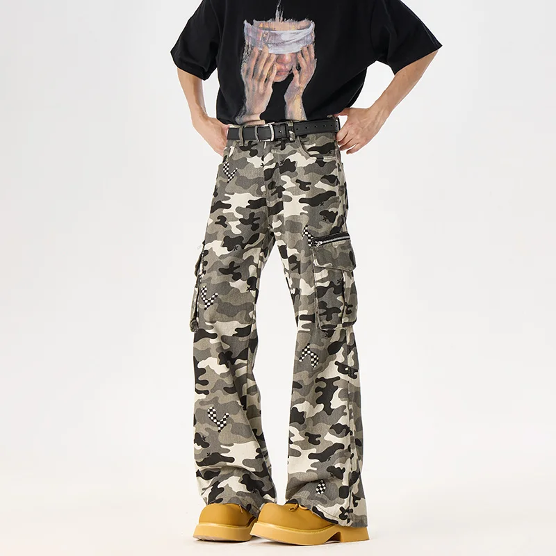 

Молодежные джинсы в американском винтажном стиле, зауженные снизу, приталенные, камуфляжные брюки-карго, уличная одежда, свободные прямые джинсовые брюки