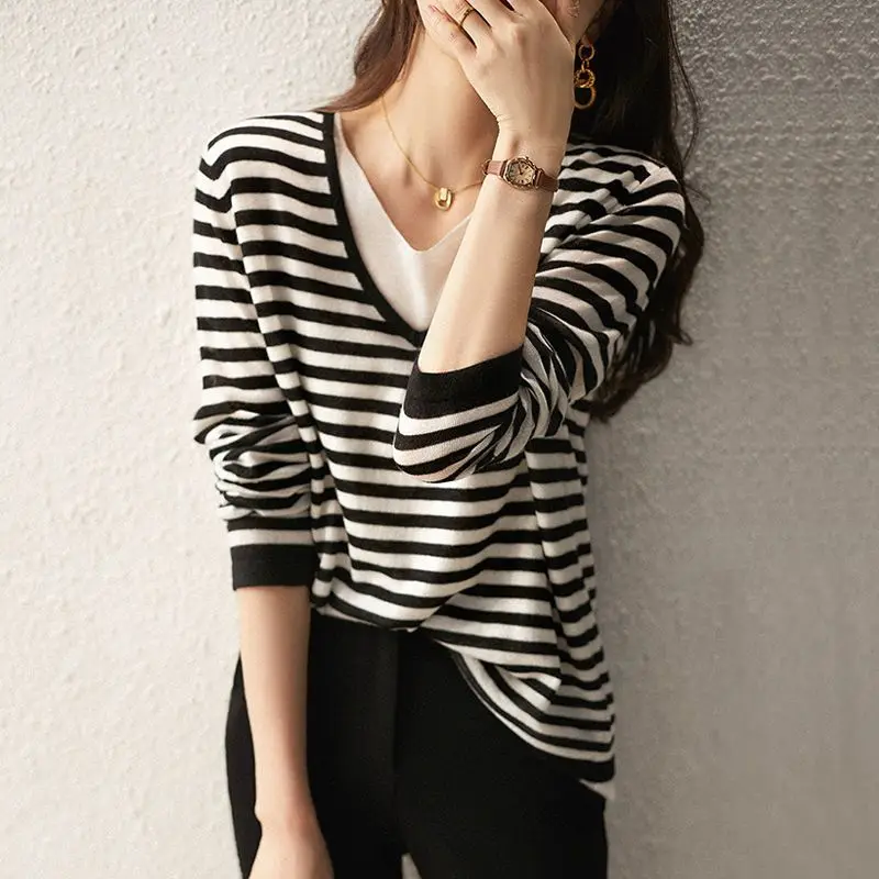 Spring Autumn Women\'s Clothing Pullover Crew Neck Patchwork Striped Long Sleeve Contrast Color T-shirt Casual Loose Elegant Tops