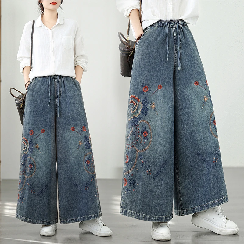 

plus Size Women's Embroidered Loose Slimming Wide Leg Jeans Elastic Waist Dstring High Waist Cotton Polyester Blend