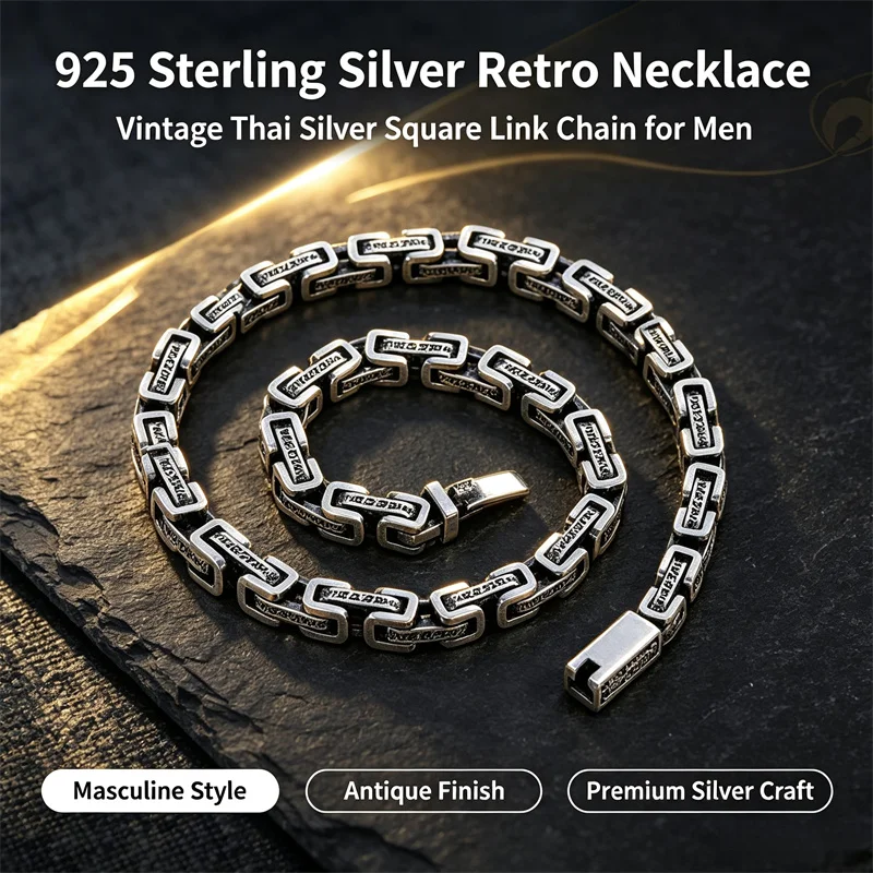 OUYADI Collar de Plata de Ley 925 Estilo Retro Tailandés, Cadena Vintage de Eslabones Cuadrados para Hombre