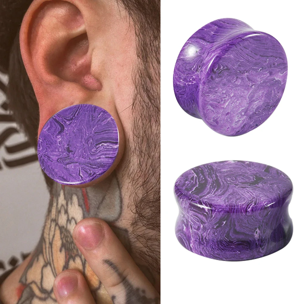 Dreamlee 2PCS Natural Stone Charoite Ear Guage Plug Earrings Purpe Print Saddle Tunnel Expander Stretcher Biżuteria do ciała