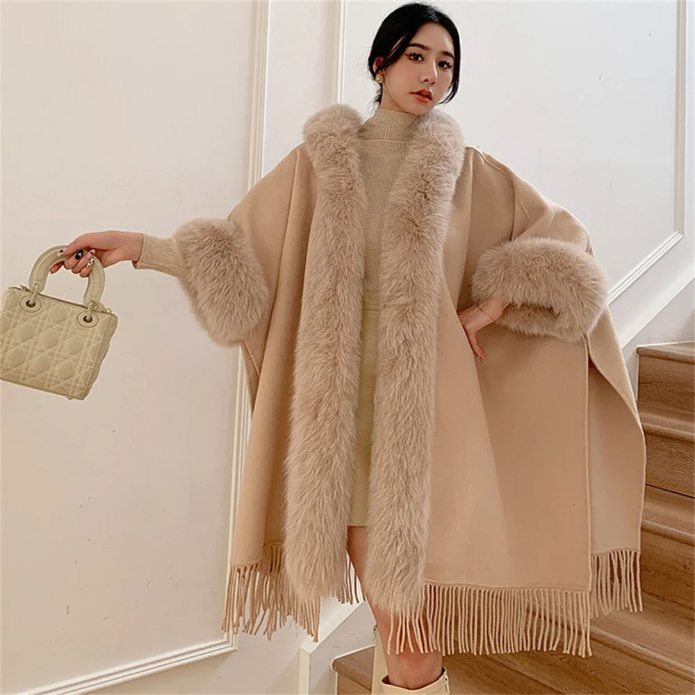 Luxury Real Fox Fur Collar Cashmere Poncho Blend Women Autumn Winter New Long Cloak Tassel Woolen Coat With Hooded