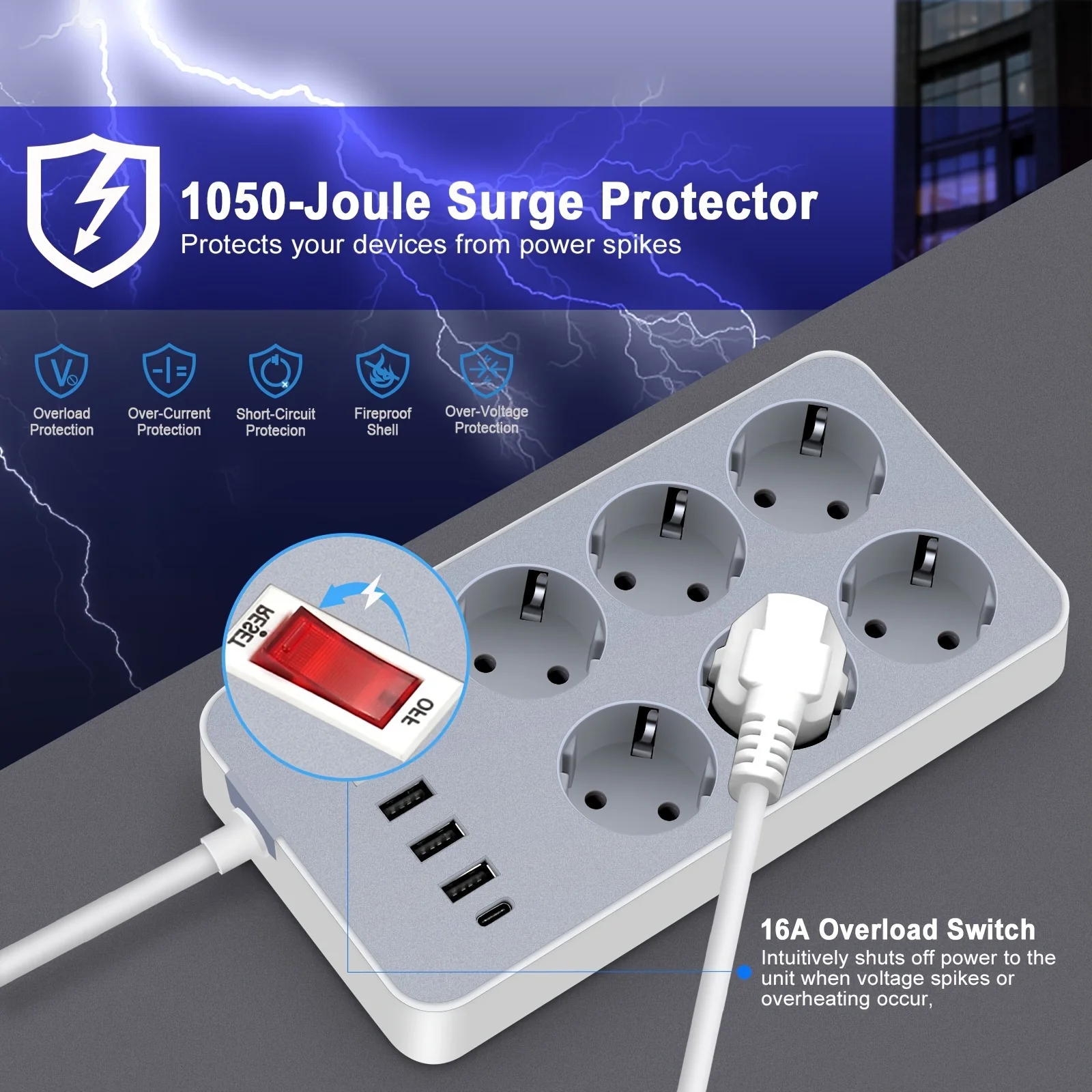 10-In-1 European Standard Power Strips With 3 USB 1 Type-C, Surge Protector With Switch Control For Dorm, Office, Home Lightning