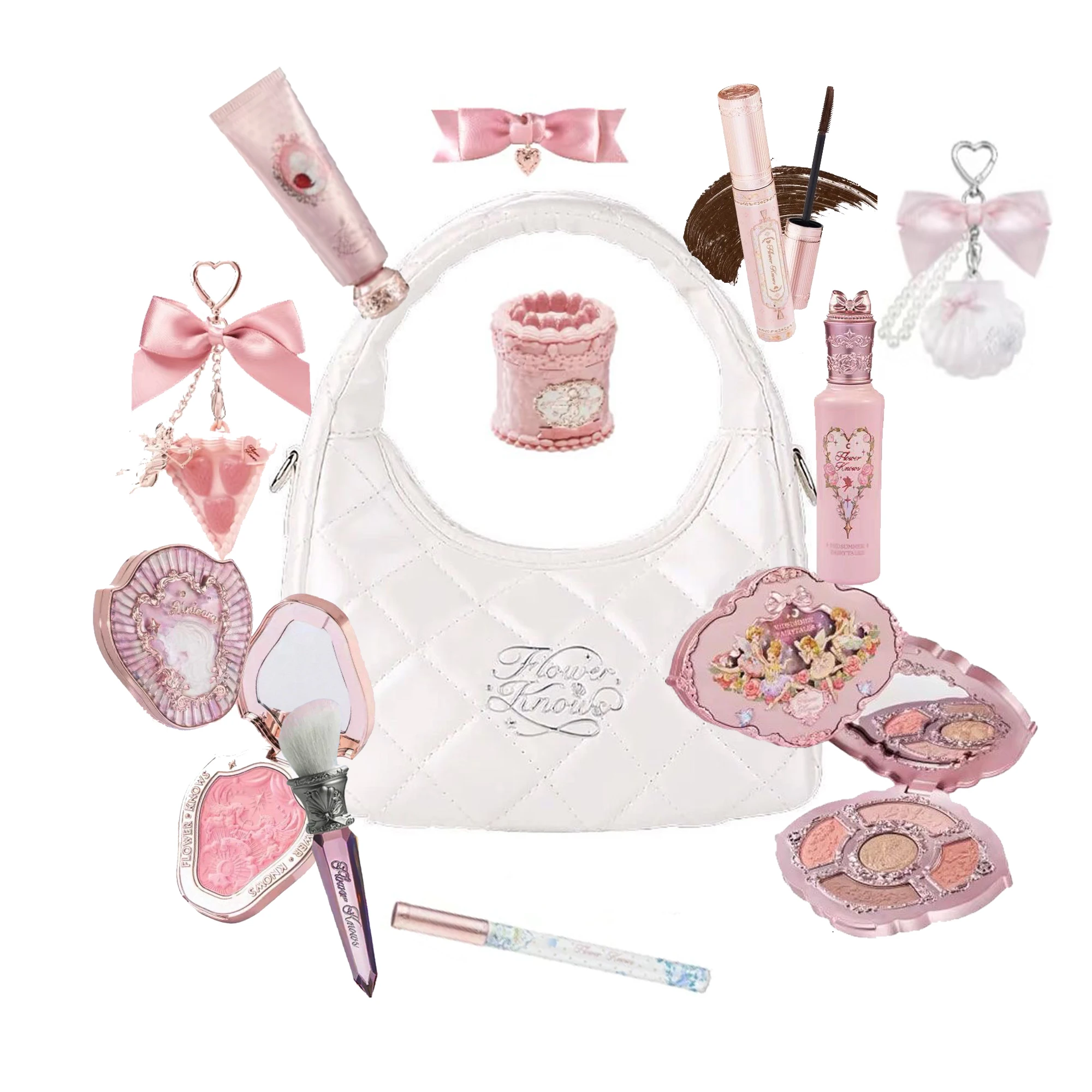 Set trucco Flowerkaren All In Flower Knows Ombretto Little Angel Evidenziatore in polvere Fard Kit lucidalabbra rococò alla fragola