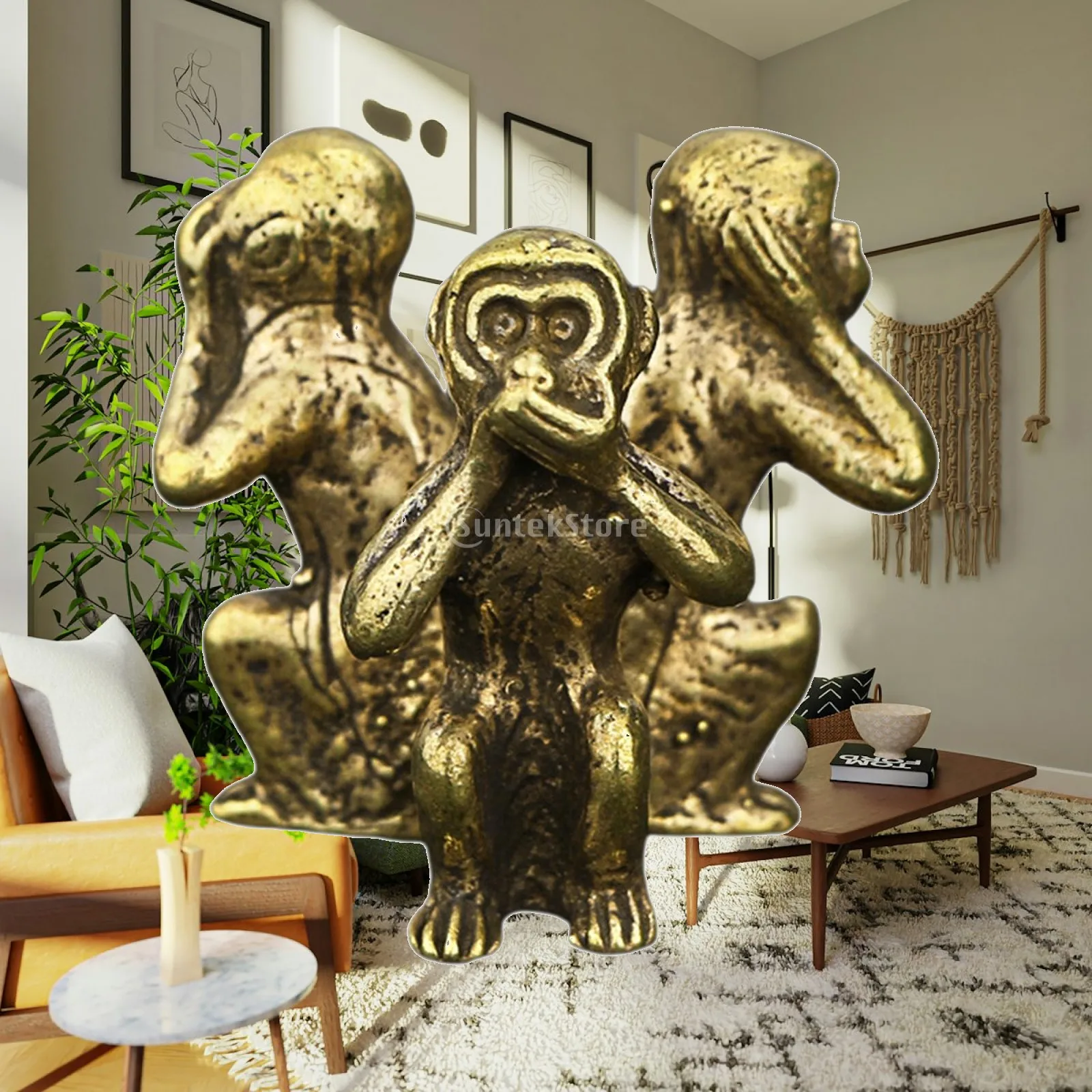 Monkeys Figurine Statues Sculptures Ornament Golden See No Speak No Evil Monkeys for Tabletop Decor