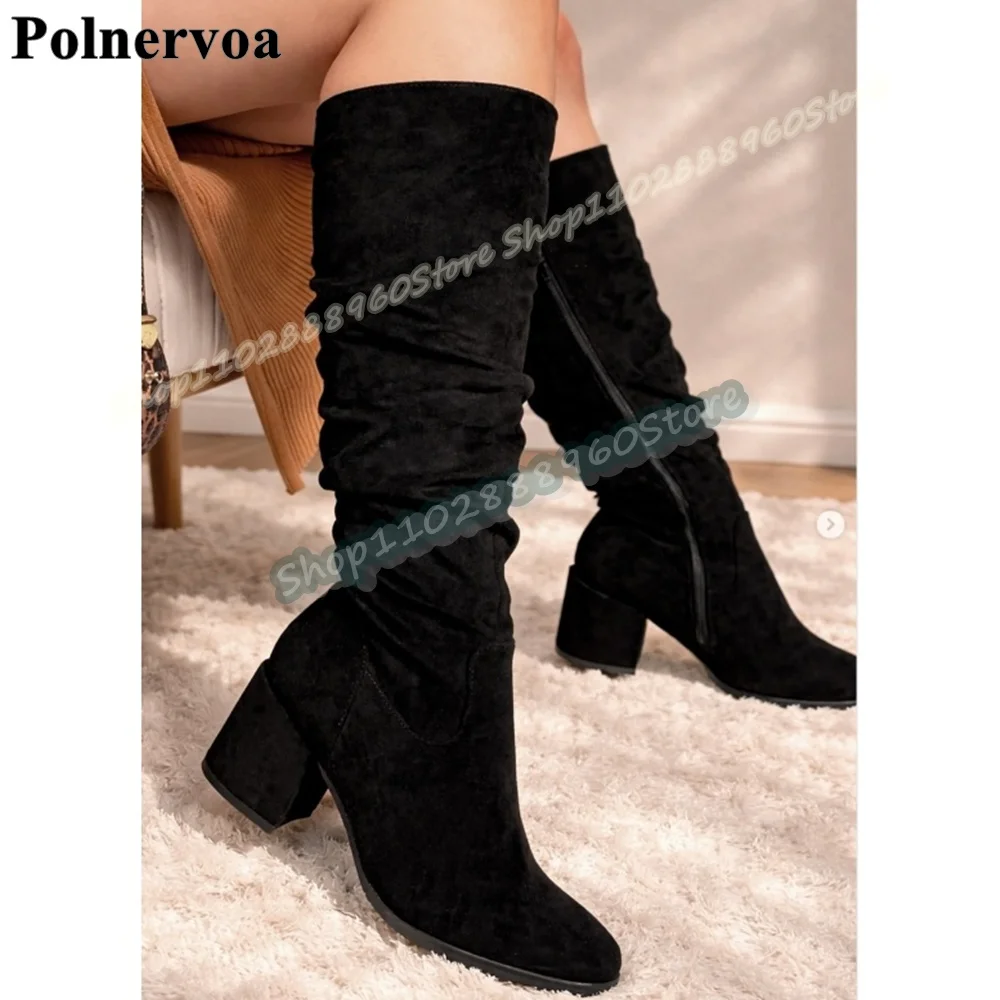 

Casual Knee High Black Flock Slim Boots Block Heel Shoes For Women Side Zipper Round Toe Fashionable Party Zapatos Para Mujer