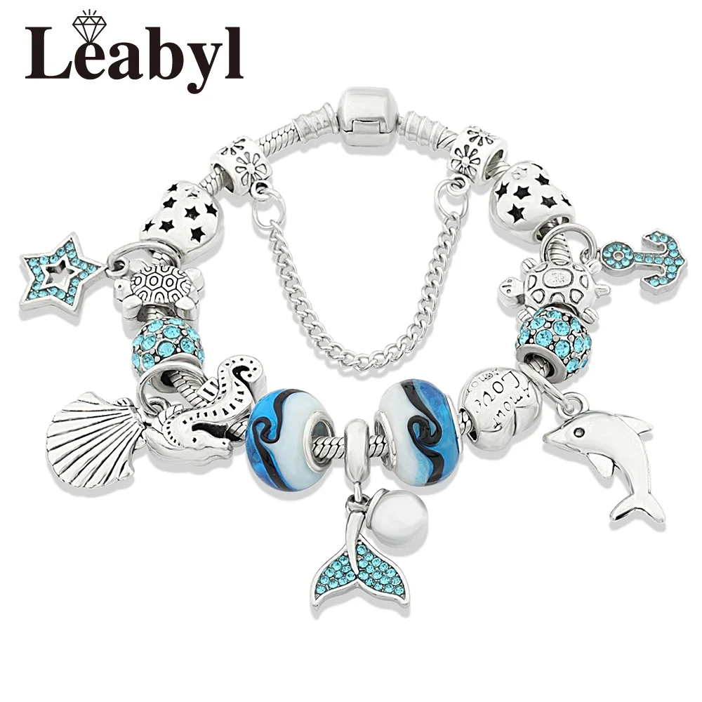 Dropshipping Trendy Mermaid Star Shell Dolphin Pendant Charm Bracelet Silver Color Heart Seahorse Turtle DIY Beaded Jewelry Gift