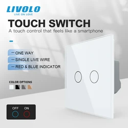 LIVOLO EU Standard Touch Sensor Wall Switch,2 Gang 1 Way Sensitive Control,Tempered Crystal Glass Panel for Home Improvement