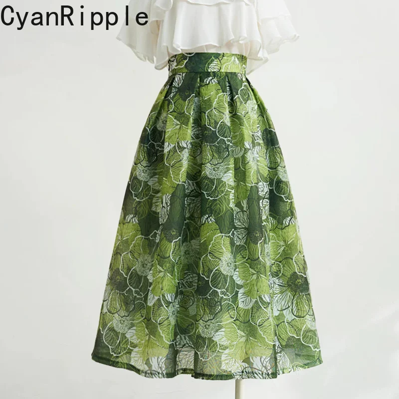 2026 New Spring Summer Vintage Green Flowers Printed Mid-long Women's A-line Skirt High Waist Elegant Organza Causal Puffy Skirt