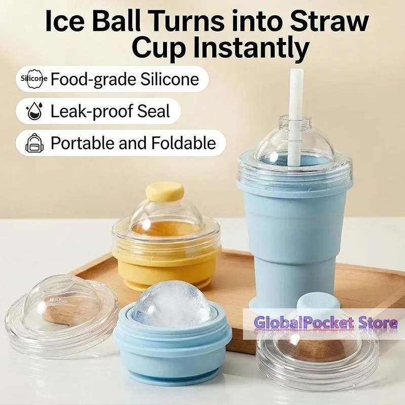 2026New Portable Foldable Ice Ball Cup With Built-in Straw Food-Grade Silicone Ice Maker Mold Summer Outdoor Travel Tumbler