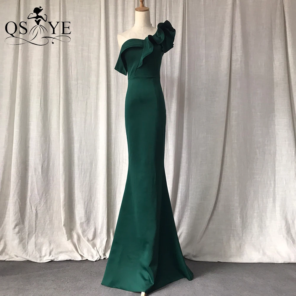 Ruffles Emerald Evening Dresses One Shoulder Mermaid Formal Gown Side Sleeves Satin Stretchy Fitted Green Party Prom Dress Chic