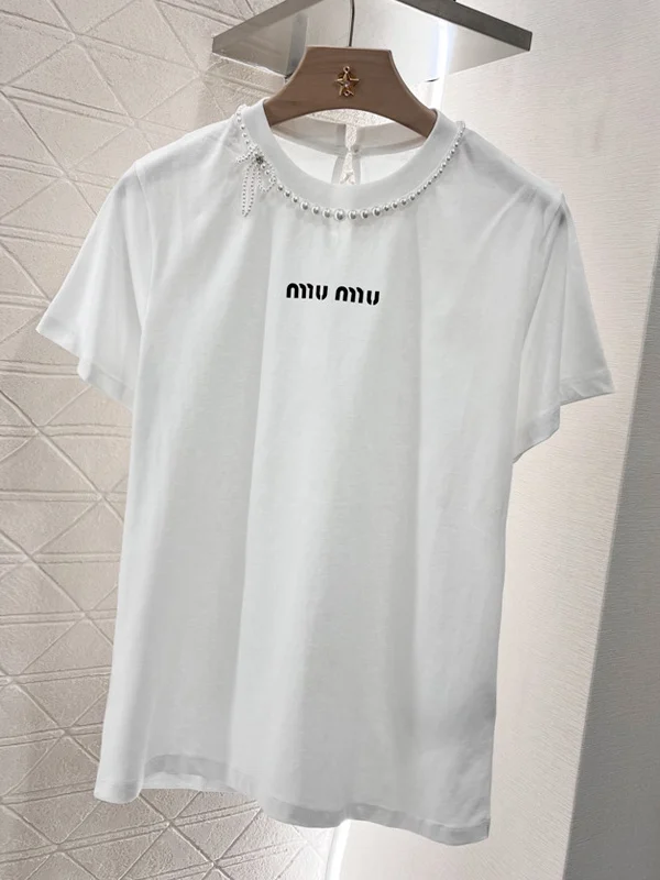 

White Pearl Nelace round Ne ort Sve T-irt Women's Base irt Faionable Summer New Sle Breathable Sweat Absorbent
