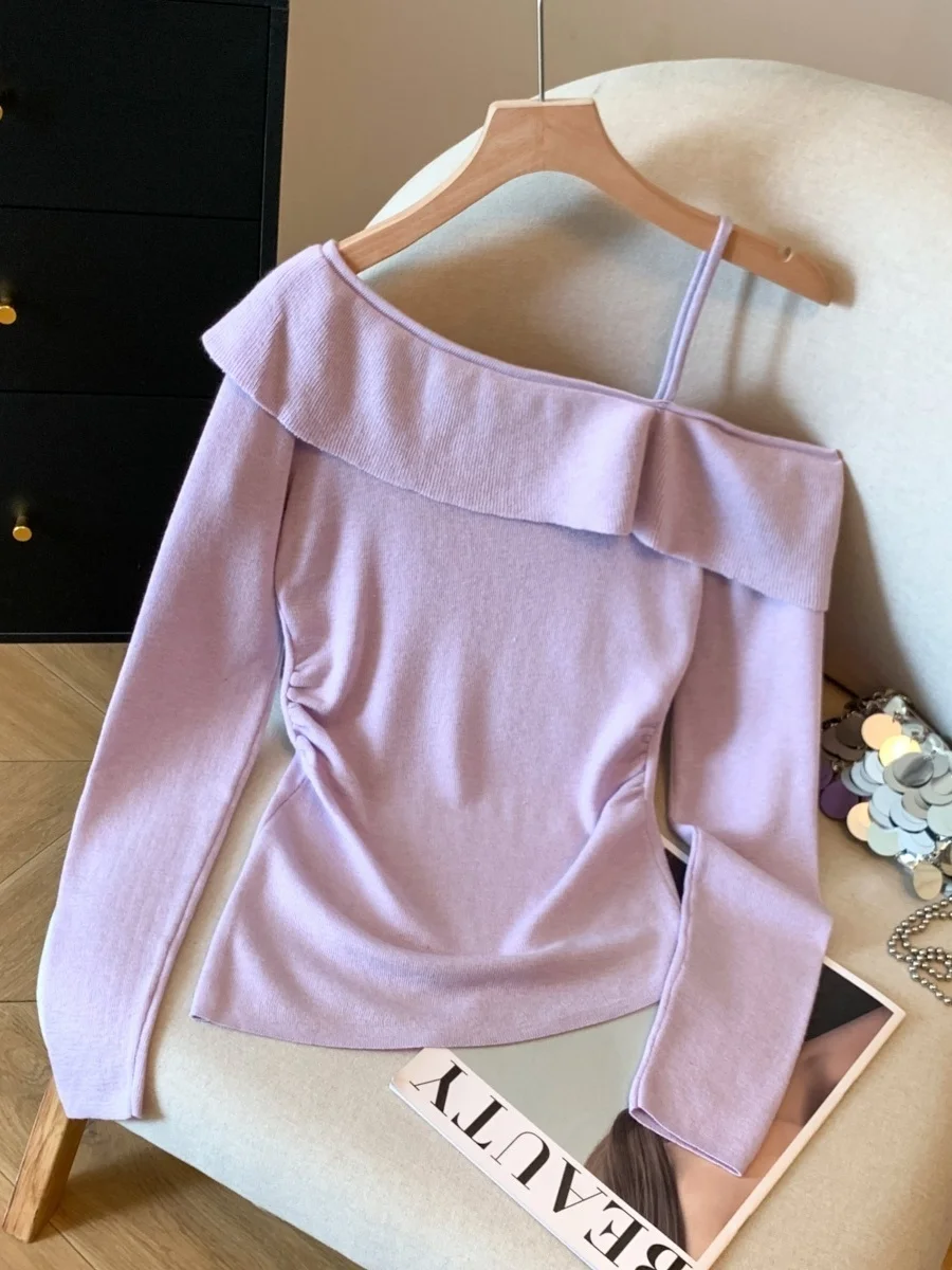 Shoulder Bared Long Sleeve Knitted Top Women's Autumn Winter New Korean Style Age Defying Blouse Ladies Base Shirt Lace Trim