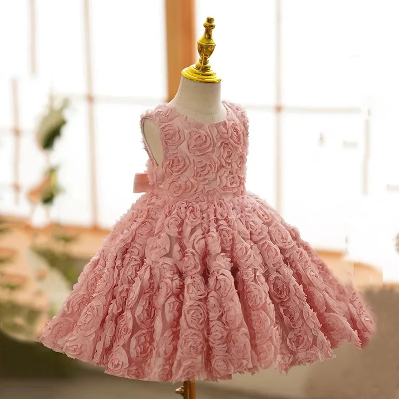 Kids Dresses For birthday Party Wedding Dress pink Rose embroidery Teen Children Pageant Gown baby Girls Princess Tulle Dress