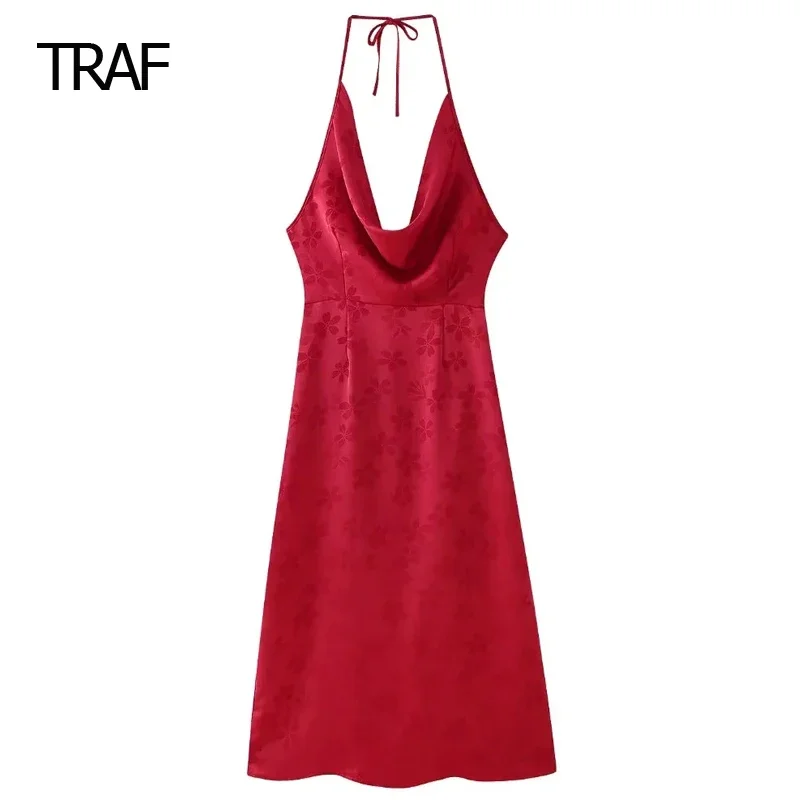 TRAF Womens Dresses estate 2024 Jacquard Halter Dresses senza maniche Backless Back Bandage Slip Dresses abito lungo di un pezzo