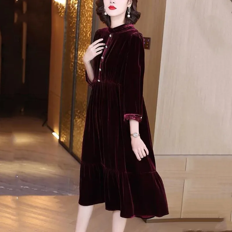 England style women elegant velvet Button dress office lady Ruffle velour dress,Spring Autunm party dresses prom Vestidos robe