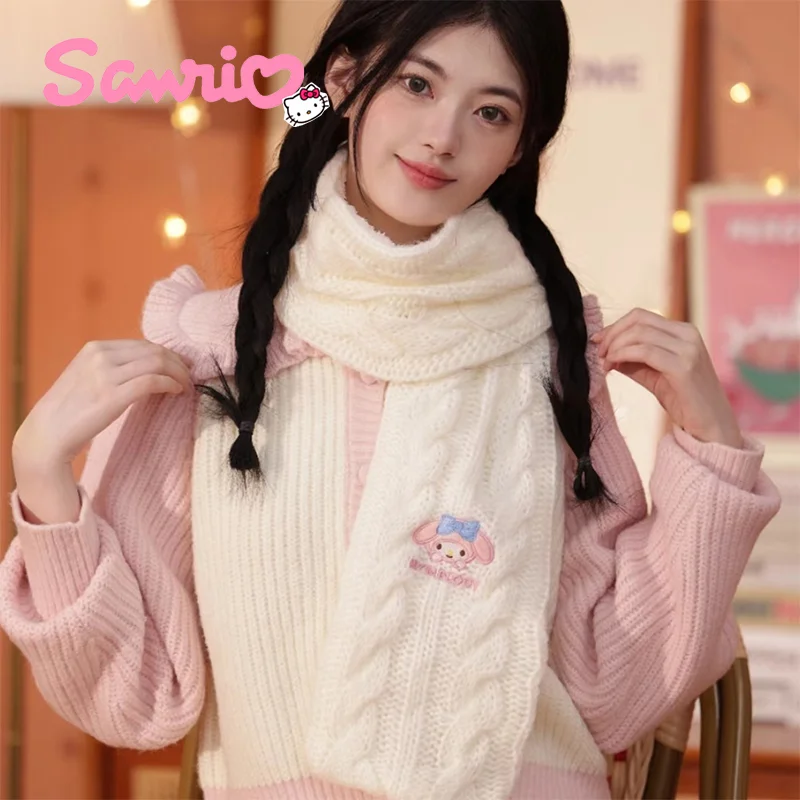 Sanrio Melody Kuromi Cartoon Knitted Scarf Cute Autumn Winter Warm Scarves Y2k Fashion Windproof Accessories Girl Birthday Gifts