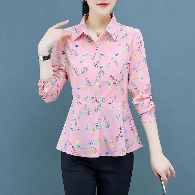 New All-match Long Sleeve Women\'s Clothing 2023 Spring Printing Elegance Female Tops POLO Collar Button Slim Chiffon Shirt