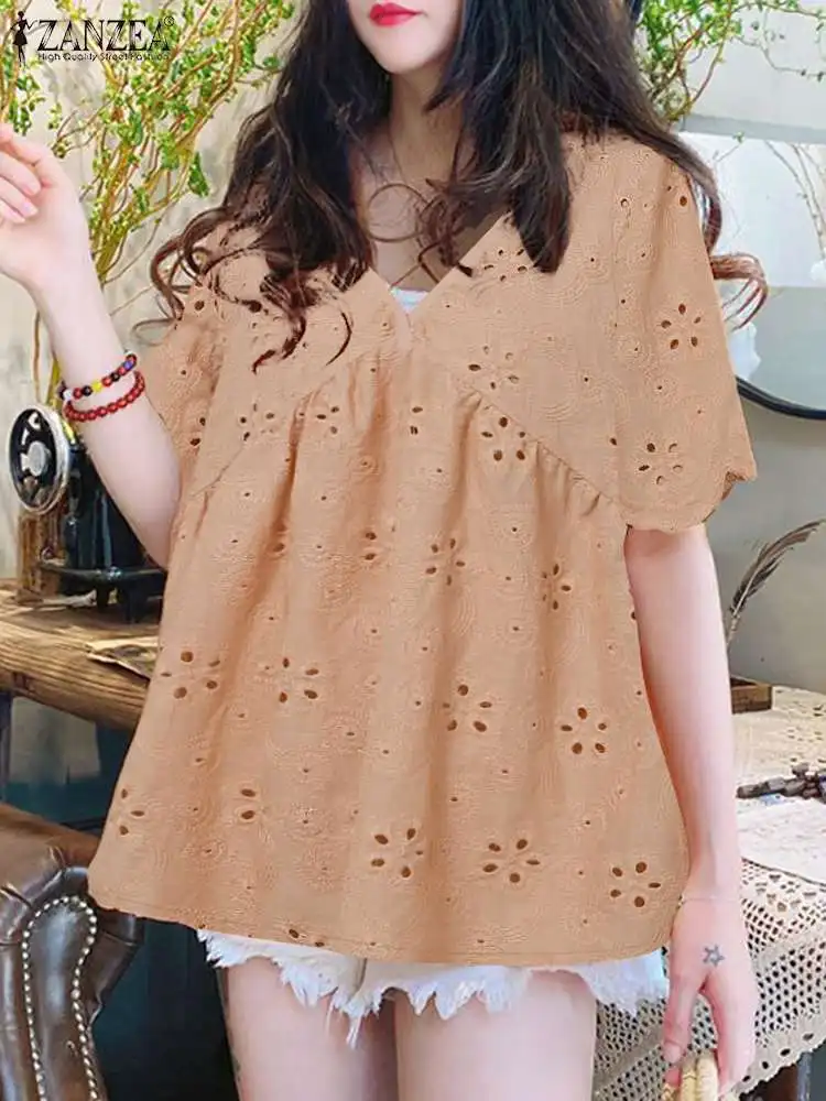 ZANZEA Elegant Women V Neck Lace Crochet Blouse Summer Tops Stylish Half Sleeve Holiday Blusas Tunic Femme Bohemain Party Shirt