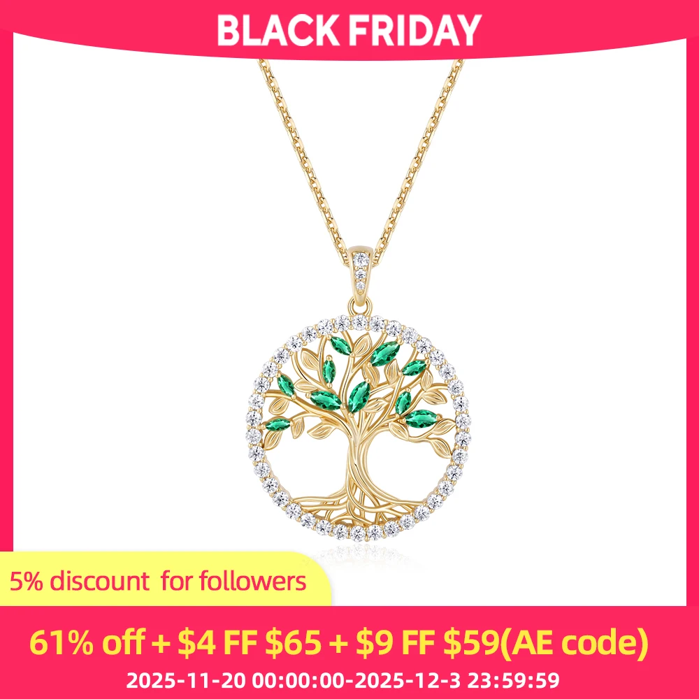 

ANDH Cultivate Emeralds Moissanite Pendant Necklace 925 Sterling Silver Viking Tree of Life necklace Fine Jewelry Gift for Women