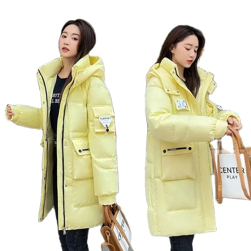 

2023 Winter Long Korean Version Down Cotton Tooling Outcoat Women Loose Hooded Add Thick Keep Warm Windproof Female Parka Coat