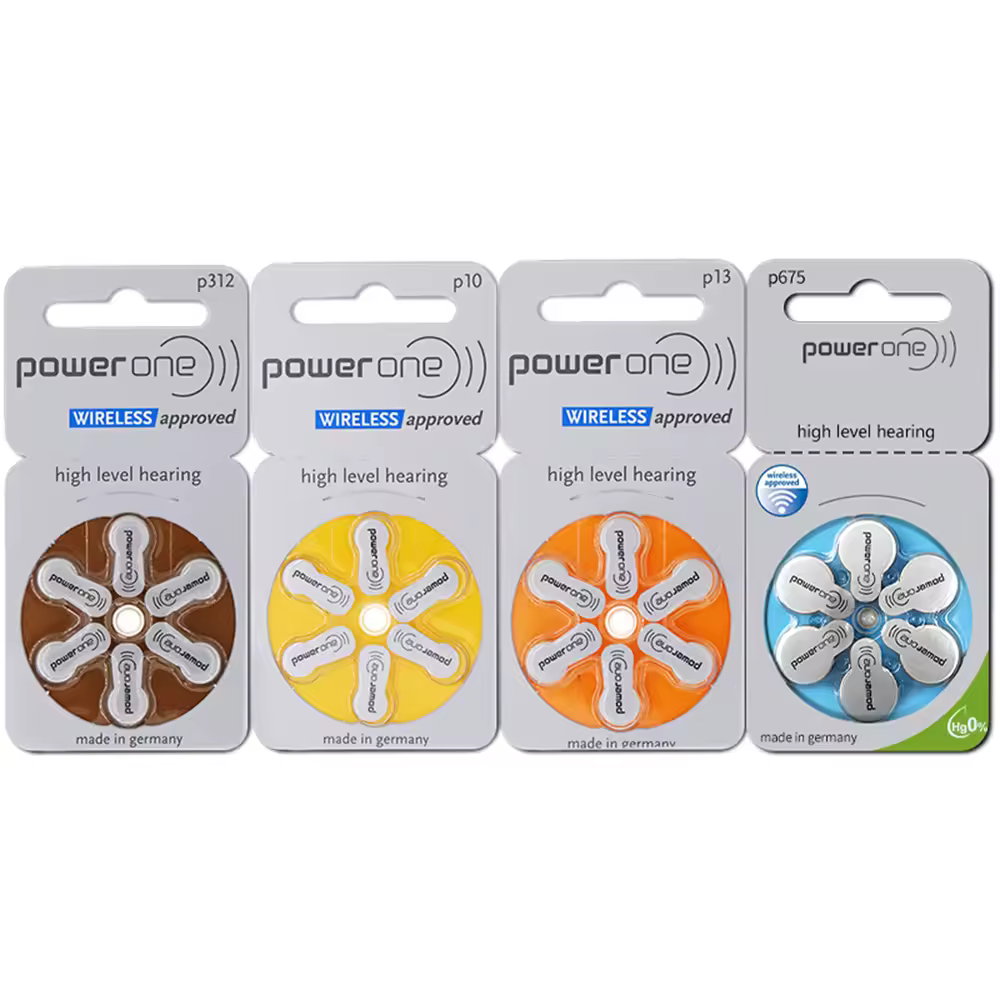 60 шт. батареек для слуховых аппаратов powerone 1,45 В P312 A10 13a E675 PR41 цинково-воздушные для заушных, внутриканальных и ресиверных слуховых аппаратов (BTE, CIC, RIC, OE).