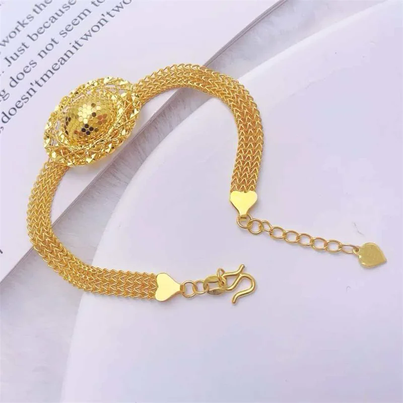 Luxury AU999 24K Gold Mesh Chain Bracelet, Oval Sparkle Charm Women Fashion Jewelry Gift