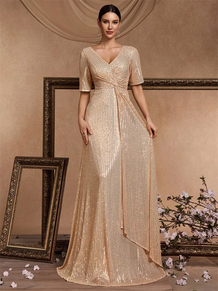 Luxury Floor Length V-Neck Evening Dress 2025 Women Elegant Party Maxi Sequin Short Sleeves Prom Cocktail Graduation Dress