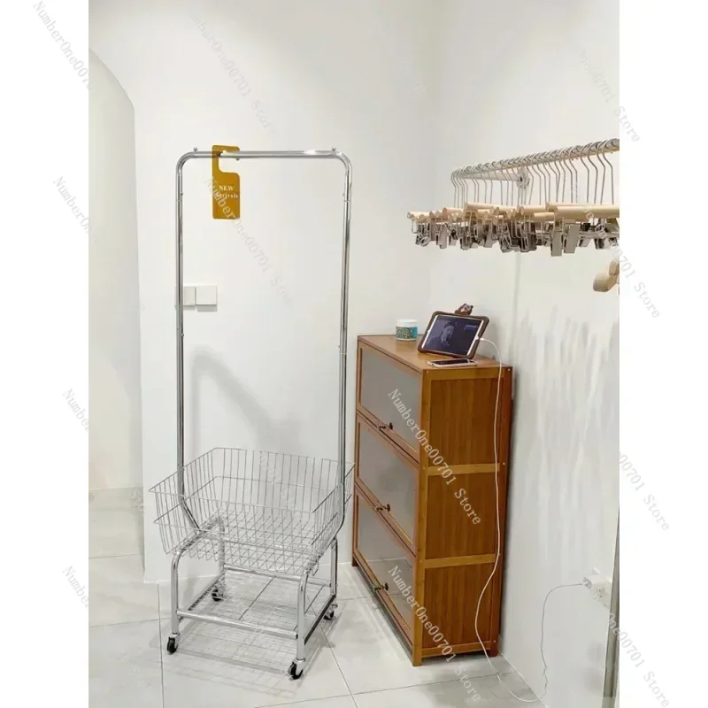 Simple Coat Rack Floor Bedroom Shelves Household Storage Basket Removable Clothes Rack Thickened Cart Storage Racks