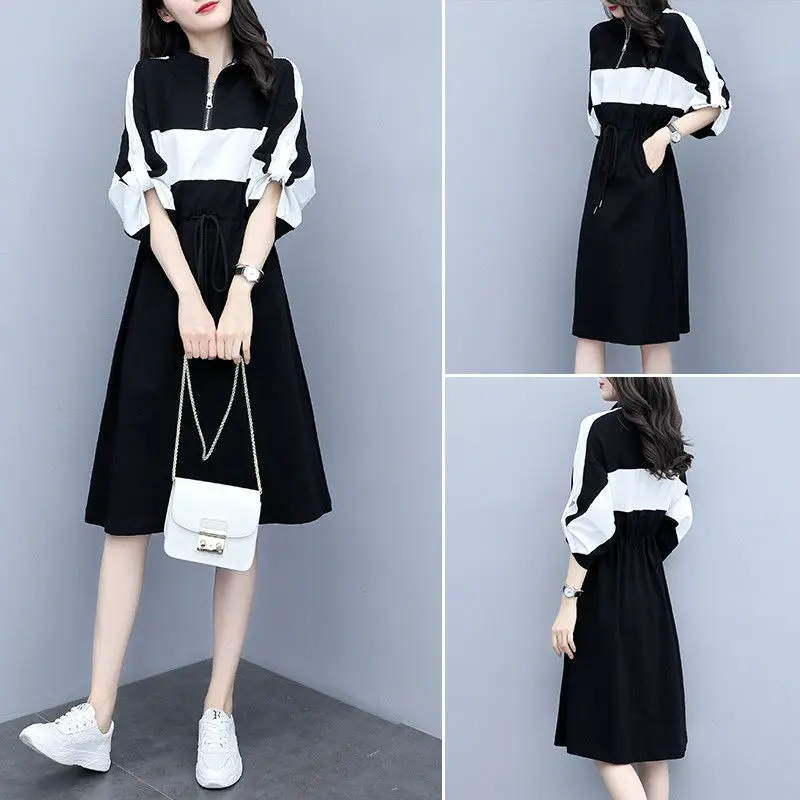 Fashion Contrasting Colors Spliced Casual Dress Women's Clothing Korean Zipper Loose Drawstring Waist Midi Dresses for Female