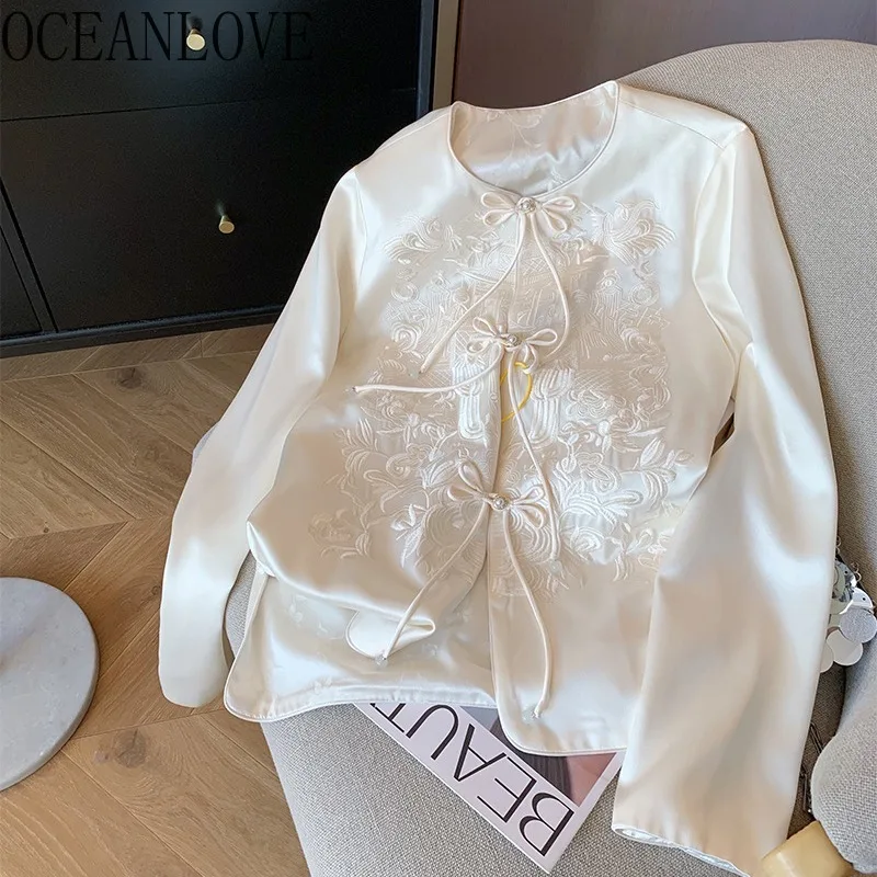 OCEANLOVE Satin Embroidered Jackets for Women Spring Autumn Chinese Style Apricot Chaquetas Vintage Elegant  Veste Femme