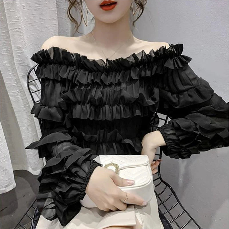 2023 Spring Summer New Fashion Sexy Off Shoulder Ruffle Elegant Chic Sweet Blouse Top Women Black White Slim Long Sleeve Shirts