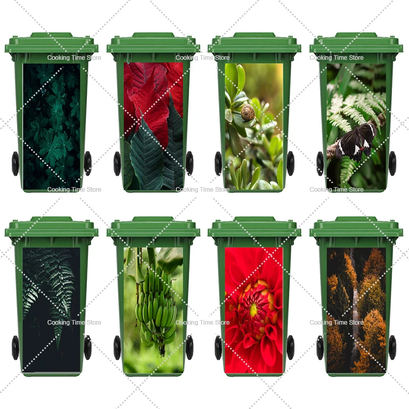 Plant Leaf Outdoor Trash Can Stickers Flowers Removable Self-Adhesive Vinyl Waterproof Dustbin Kitchen Decor Wallpaper Sticker