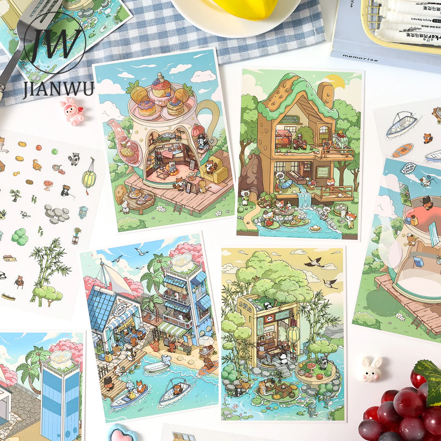 JIANWU Leisure Four Chapter Series Cute House Holiday Landscape Material Collage PET Sticker Creative DIY Journal Stationery