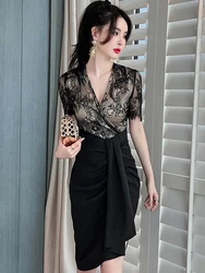 Vintage Midi Women's Dress Urban Elegant Quality Feminine Black Lace Hook Flowers Pleated Gown Club Party Feast Vestidos Mujer