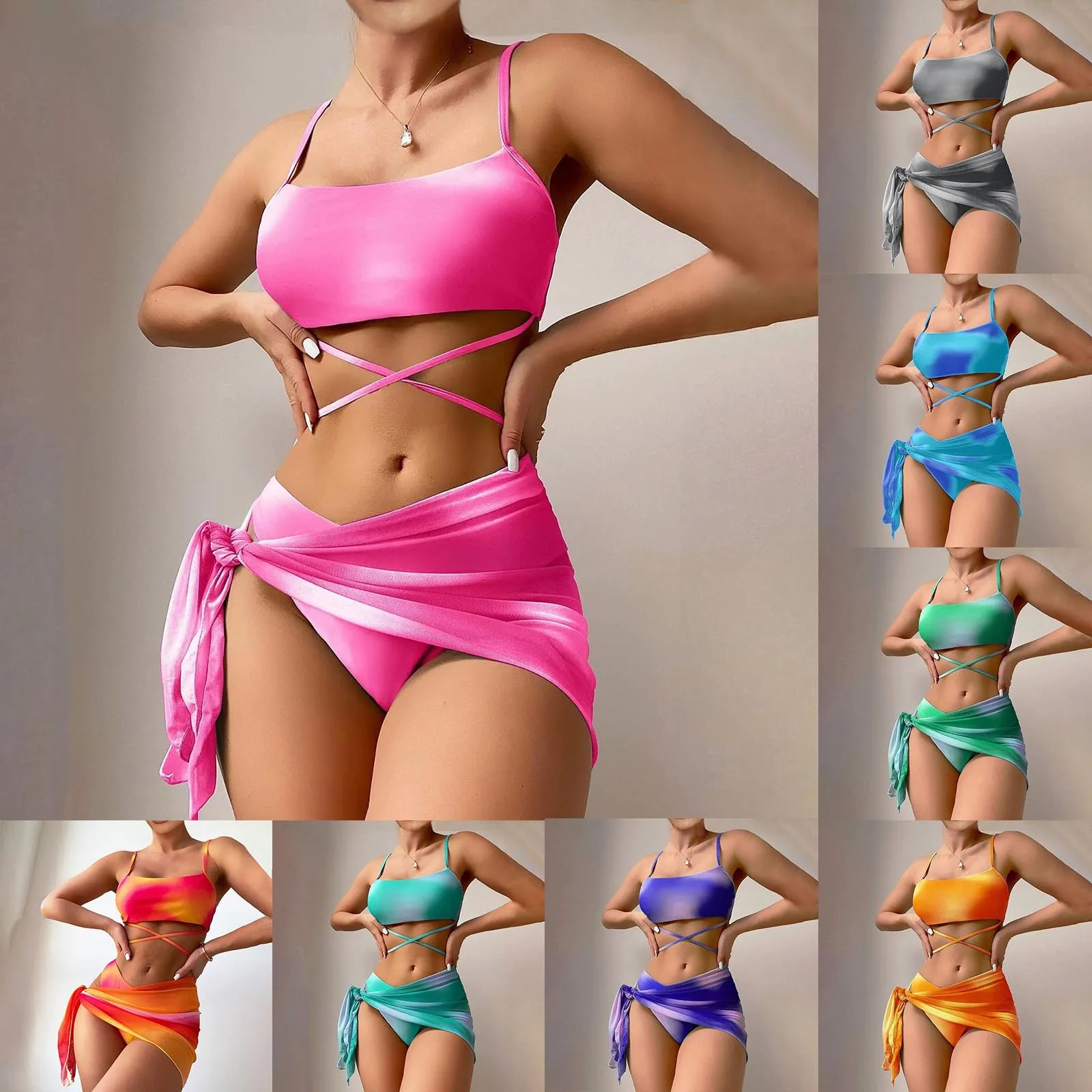 2024 New Women Tie Dyed Split Bikini Sexy Hip Lifting Mesh Gradient Beach Three Piece Set Cross Swimwear Girl