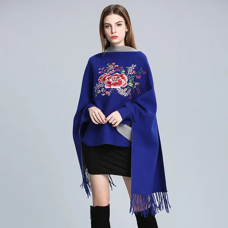 15 Colors Women Knitted Loose Tassel Out Coat With Back Floral Autumn Winter Embroidered Peony Streetwear Luxury Poncho Knitwear