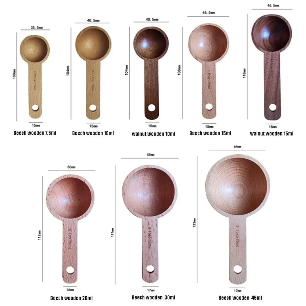Tablespoon Measuring Spoon Walnut Wooden 7.5/10/15/30/45ml Beech Wooden Spoon Hangable Kitchen Measuring Tools Coffee Bean Spoon