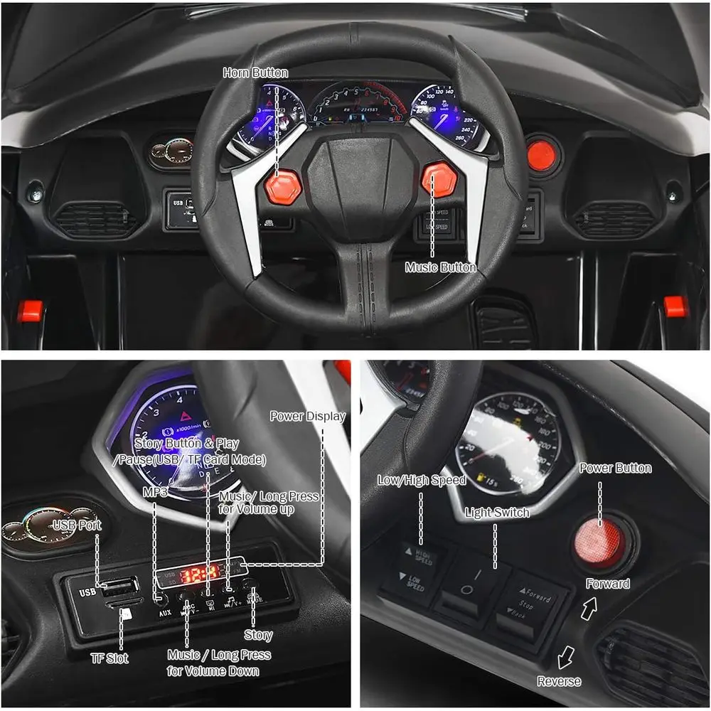 Ride on Car, véhicule électrique alimenté par batterie 12 V avec modes de télécommande et manuels, lumières LED, klaxon, musique, MP3, USB, noir